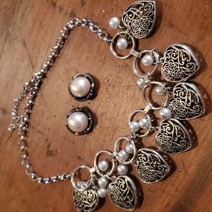 Heart Charm Necklace With Faux Pearls and Earrings